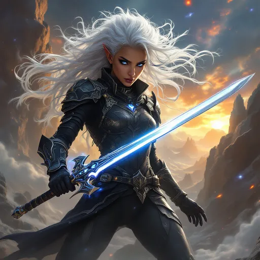 Prompt: A sprawling galaxy where spellbinding starships glide through nebulae, and floating islands orbit ancient, magic-infused suns. Floating archipelagos connected by ethereal bridges, bioluminescent forests teeming with alien fauna, and towering spires of living crystal that pulse with magical runes. a Women, Hispanic, brown skin tone, looks to be in her mid to late 20s, 6"9 tall, angular features, high cheek bones, long pointed ears, Athletic body, emanating strength and determination. Clad in a high tech black armor with intricate silver embroidery, she grips a gleaming sword with a focused intensity, her piercing blue eyes locked on an unseen adversary. Her wild mane of white hair, styled long and lose, whips dramatically around her as if stirred by an unseen wind, enhancing her fierce persona.