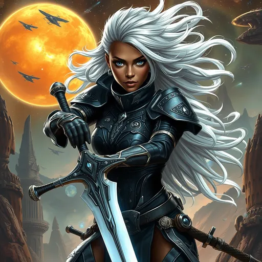 Prompt: A sprawling galaxy where spellbinding starships glide through nebulae, and floating islands orbit ancient, magic-infused suns. Floating archipelagos connected by ethereal bridges, bioluminescent forests teeming with alien fauna, and towering spires of living crystal that pulse with magical runes. a Women, Hispanic, brown skin tone, looks to be in her mid to late 20s, 6"9 tall, angular features, high cheek bones, long pointed ears, Athletic body, emanating strength and determination. Clad in a high tech black armor with intricate silver embroidery, she grips a gleaming sword with a focused intensity, her piercing blue eyes locked on an unseen adversary. Her wild mane of white hair, styled long and lose, whips dramatically around her as if stirred by an unseen wind, enhancing her fierce persona.