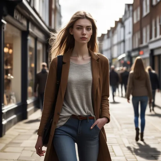 Prompt: Tall young woman walking down the high street, detailed clothing, realistic, natural lighting