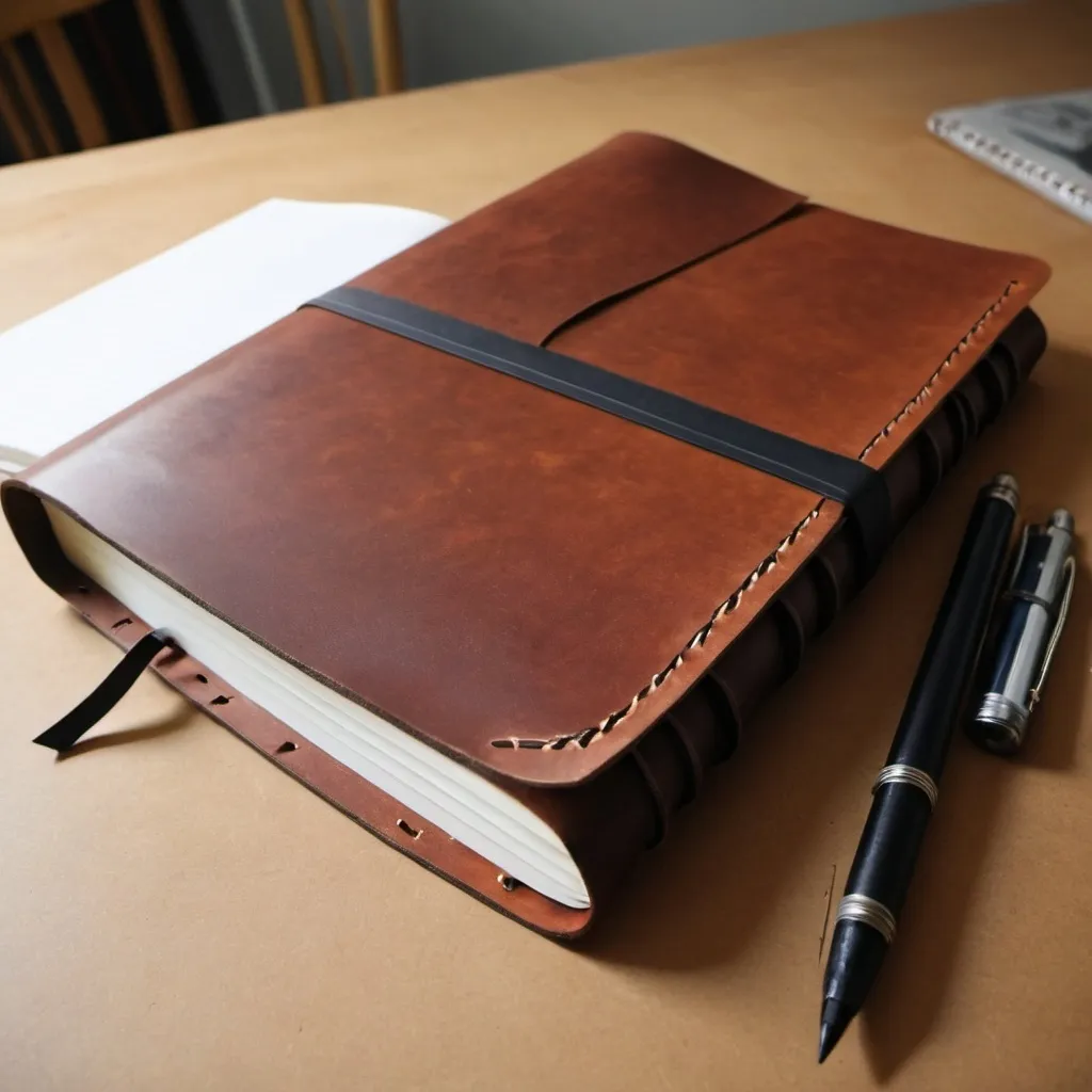 Prompt: Draw me a large-sized realistic travel notebook for artist of illustration with a leather cover