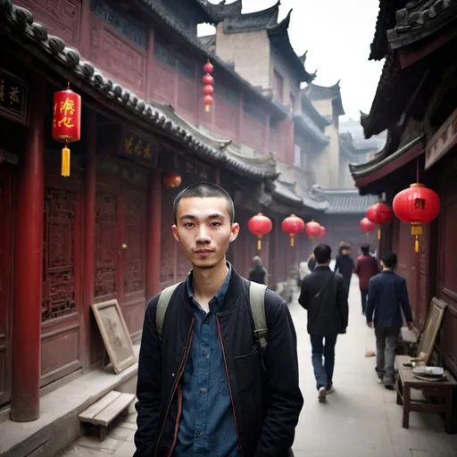 Prompt: « Le voyage de Ting-Tang en Chine ». make a real photo for the cover of my book. Ting-Tang is a young man , he is an urban designer