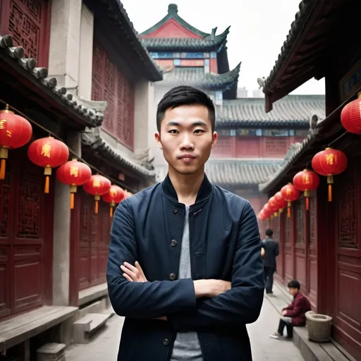 Prompt: « Le voyage de ken Tang en Chine ». make a real photo for the cover of my book. Ting-Tang is a young man , he is an urban designer