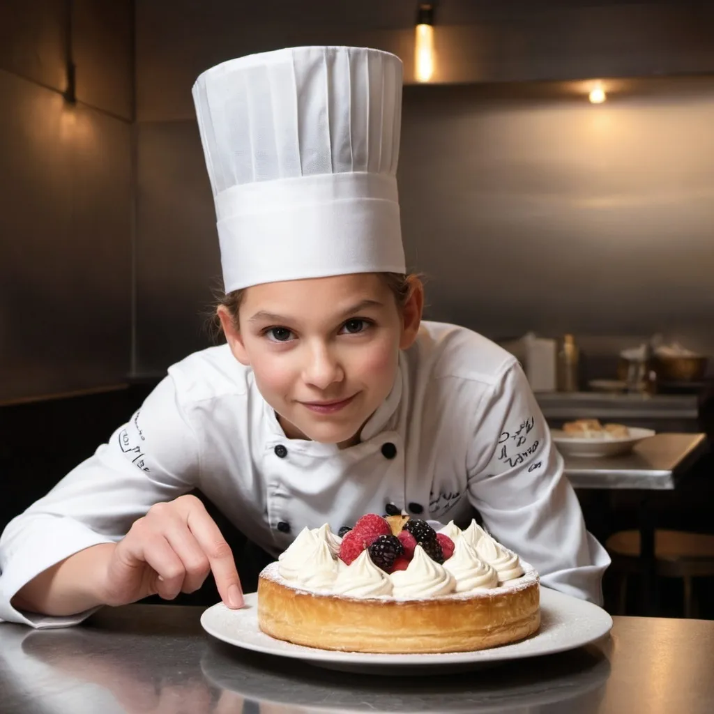 Prompt: Restaurant – Pastry : défi étoile Chef. Make a real photo for the cover of my book. for young