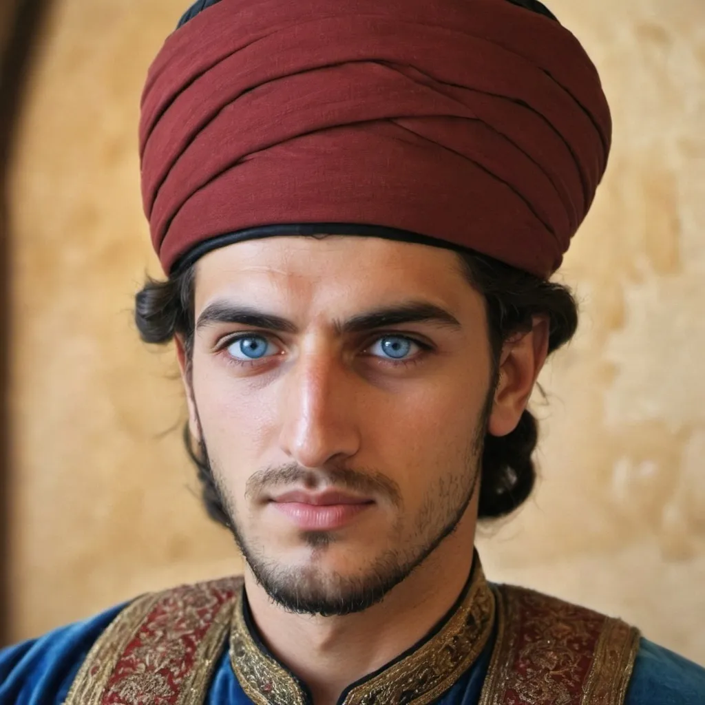 Prompt: Give me a picture of a  young  ottoman ibéric  man, what does ottoman andalouse ibéric  man with blue eyes look like for real ?