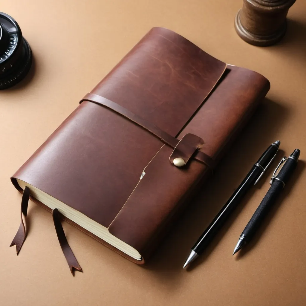 Prompt: Draw me a large-sized realistic travel notebook with a leather cover