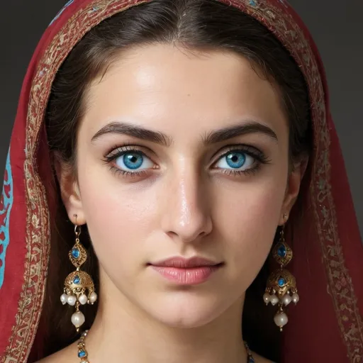 Prompt: Give me a picture of a  young  ottoman ibéric  woman, what does ottoman andalouse ibéric  woman with blue eyes look like for real ?