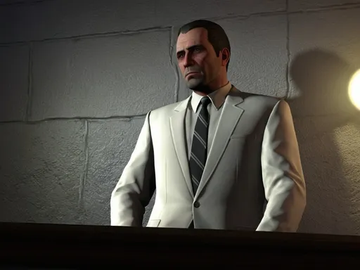 Prompt: a man in a white suit and tie standing in front of a wall with a light on it's side, Charles Fremont Conner, realism, in gta v, a character portrait