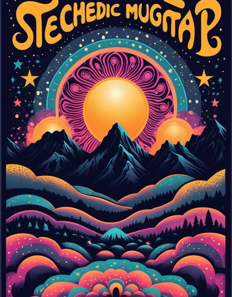 Prompt: concert poster psychedelic mountains music black night stars