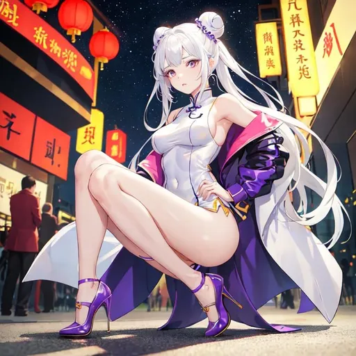 Prompt: very young girl, white skin, thin body, Chinese tight dress, very revealing clothes, high heels, large jacket, cute pose, hair tied in two buns, purple and yellow clothing colors, black shoes, irritated face, best quality, masterpiece, 1 girl, night chinese city background