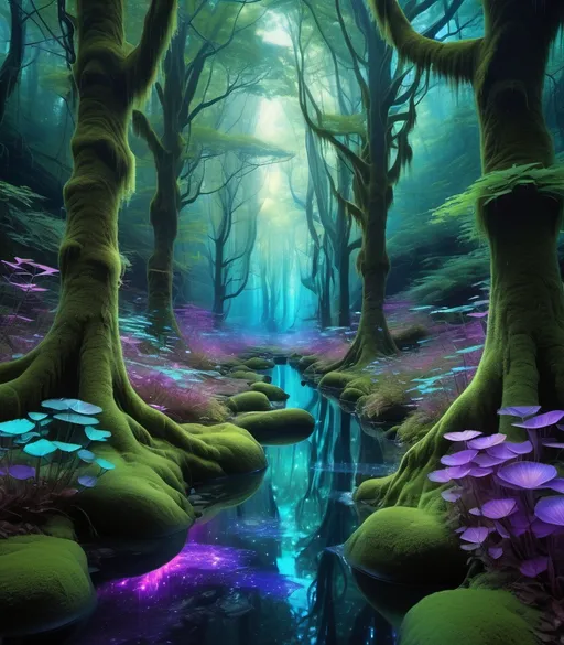 Prompt: A magical forest filled with towering, glowing trees in shades of blue, green, and purple. Their leaves shimmer with bioluminescent light, casting a soft, ethereal glow over the surroundings. The ground is carpeted with luminescent moss and vibrant, otherworldly flowers, while small streams of crystal-clear water flow gently, reflecting the soft light. Strange, enchanting creatures with delicate wings and translucent bodies flit through the air, leaving trails of sparkling light behind them. In the distance, a mysterious ancient structure made of shimmering stone peeks through the trees, emanating a soft, golden aura. The atmosphere is serene yet filled with a sense of wonder and mystery.


