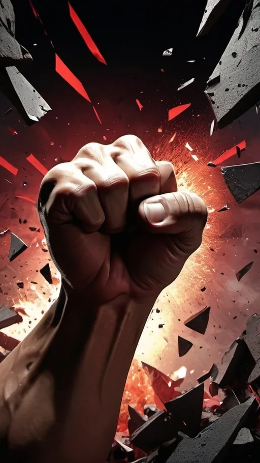 Prompt: 4k image mighty fist breaking through barriers upwards.