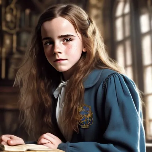 Prompt: 12-year-old Emma Watson as Hermione Granger but with dark brown hair. No freckles. In Ravenclaw house. 