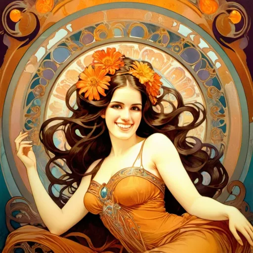 Prompt: Alphonse Mucha Style, art nouveau illustration of a brunette woman with amber eyes, intricate details, beautiful colors