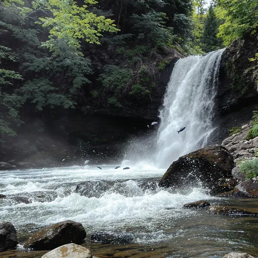 Prompt: Salmon jumping upstream towards the waterfall, clear and beautiful