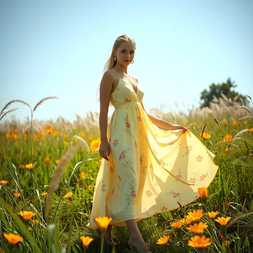 Prompt: An elegant woman dressed in a flowing, light summer dress stands in a sun-drenched meadow, surrounded by vibrant wildflowers in full bloom. Her dress, in shades of warm yellows and soft oranges, captures the essence of summer, with delicate floral patterns that seem to blend with the surrounding nature. The sun casts a golden glow on her skin, and a gentle breeze lifts the hem of her dress, creating a sense of movement. The background is filled with lush greenery, tall grasses, and a clear blue sky, evoking a warm and carefree summer day