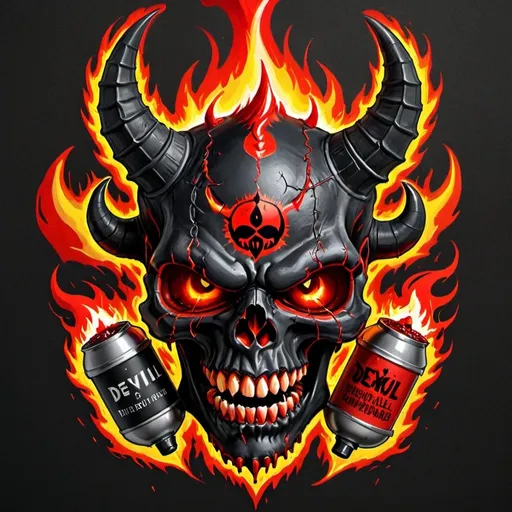 Prompt: Draw a red and black skull faced grenade on fire, the devil symbol on forehead, two twisted horns, teeth dripping blood.