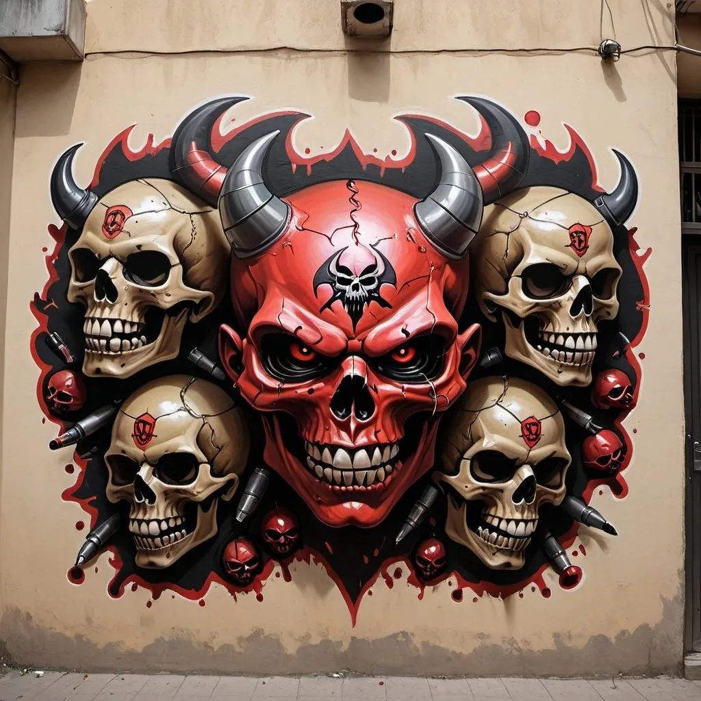 Prompt: Draw a mural filled with grenades with skull faces, the devil symbol on the foreheads, 