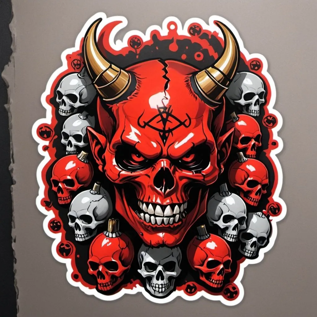 Prompt: Draw a mural sticker with lots of grenades and skulls, the devil symbol on the forehead 