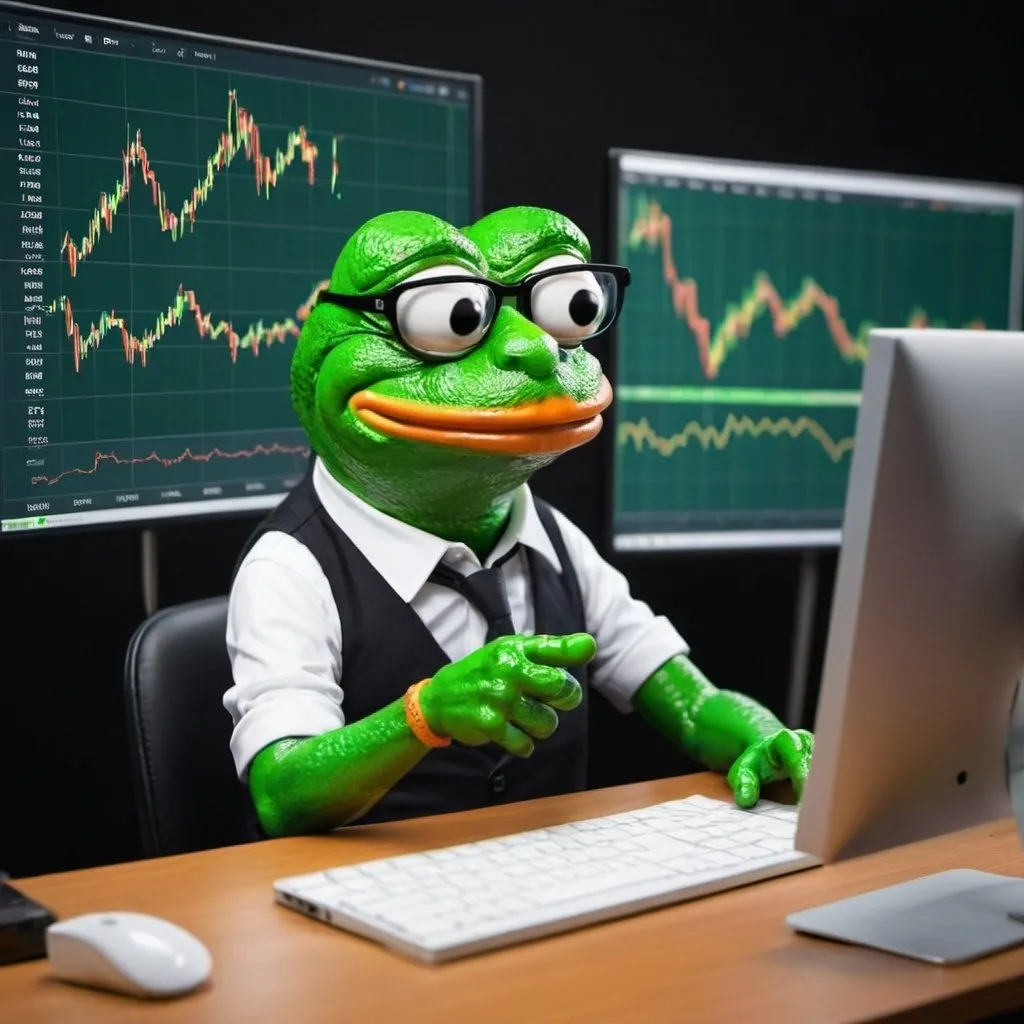 Prompt: Soccer Pepe green is sitting at the computer and checking the bitcoin bullish chart.