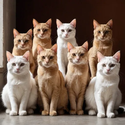 Prompt: Make 7 cats sitting and looking at you