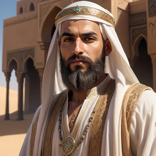 Prompt: (dnd character: Arab cleric with a prominent beard), (brightly-lit scene), (mystical ambiance), (light judge with benevolent expression), wearing intricate robes with golden and sandy tones, surrounded by an ethereal glow, desert landscape with fine sands, dramatic contrasts between light and shadow, detailed facial features and accessories, magic (HD, ultra-detailed).