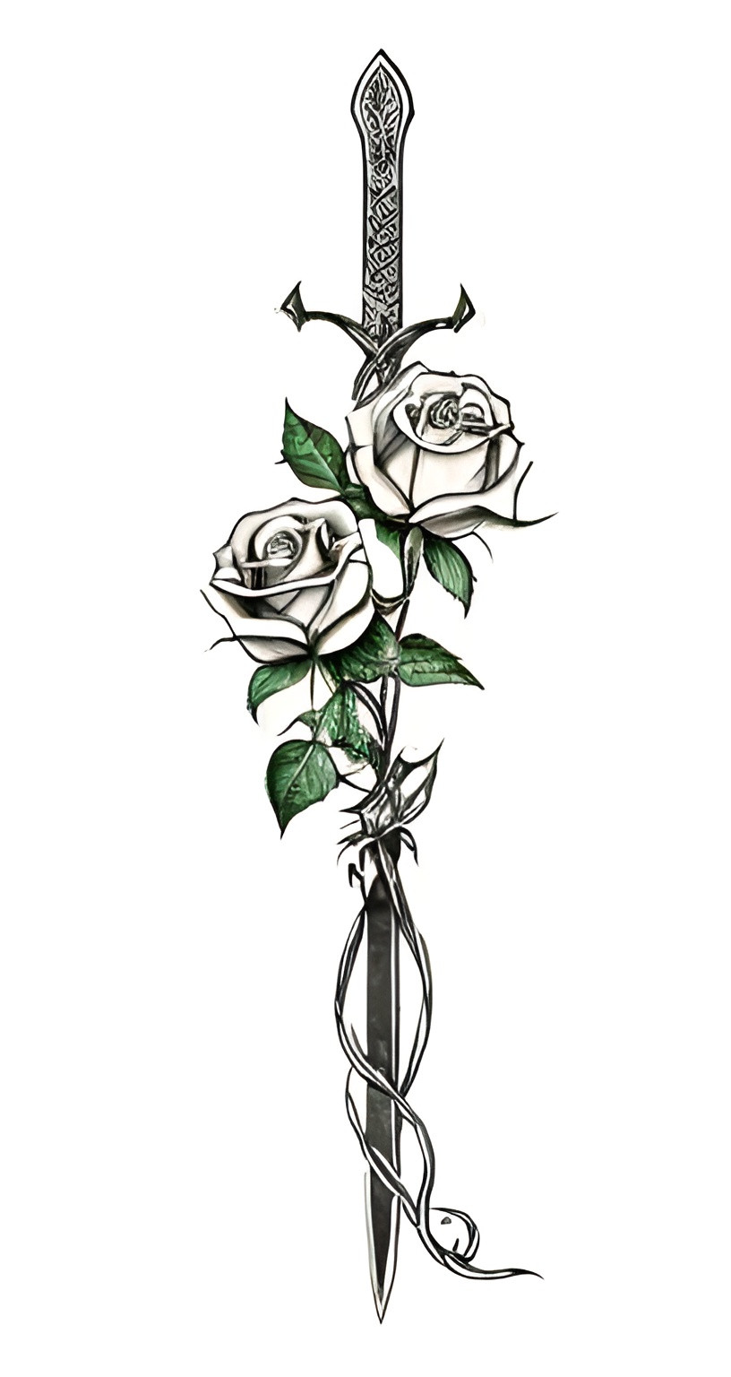 Prompt: Black ink drawing of a rose entwined around a medieval longsword