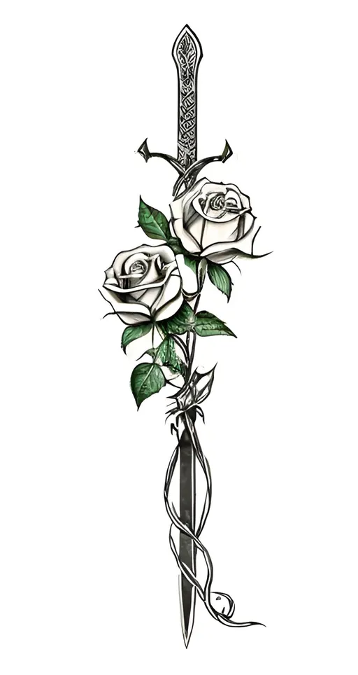 Prompt: Black ink drawing of a rose entwined around a medieval longsword