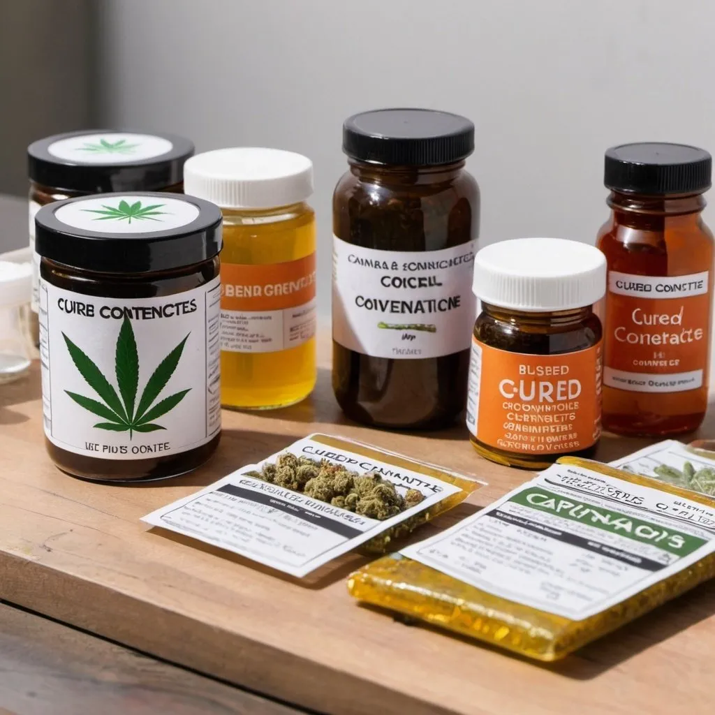 Prompt: various cannabis products on table with cured concentrate labels
