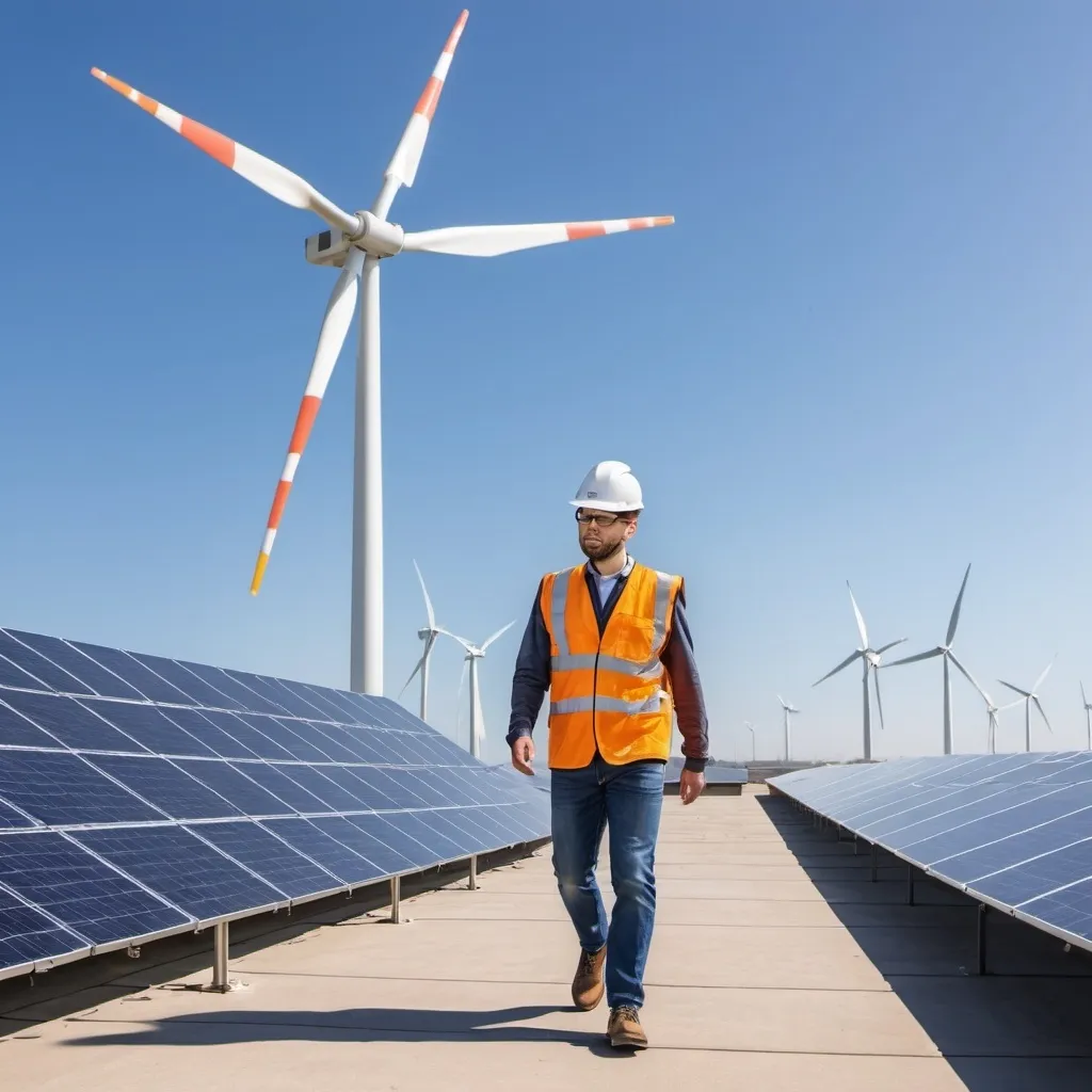 Prompt: A solar photovoltaic engineer walks on a rooftop with a photovoltaic canopy behind him. The building is tall, and on the ground around the building, there are wind turbines everywhere. The scene is set against a clear sky with bright sunlight. The engineer is wearing typical work attire, including a hard hat and safety vest.