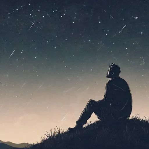 Prompt: A man sitting on top of a grassy mountain and is staring at the sky with stars at night