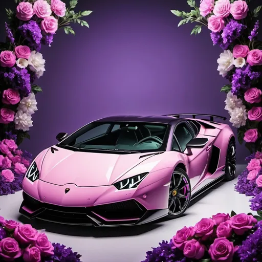 Prompt: Lamborghini with pink, black, and white color scheme, surrounded by purple flowers, high quality, detailed, vibrant, luxury, realistic, colorful, floral, sleek design, professional lighting