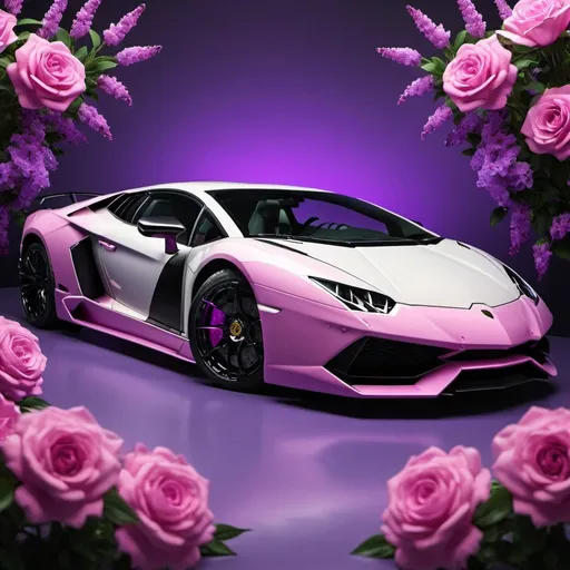 Prompt: Lamborghini with pink, black, and white color scheme, surrounded by purple flowers, high quality, detailed, vibrant, luxury, realistic, colorful, floral, sleek design, professional lighting