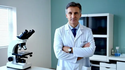 Prompt: male,doctor,middle age,perfect brown eyes,full body picture,standing in lablatory near microscope,white envoriment,4k