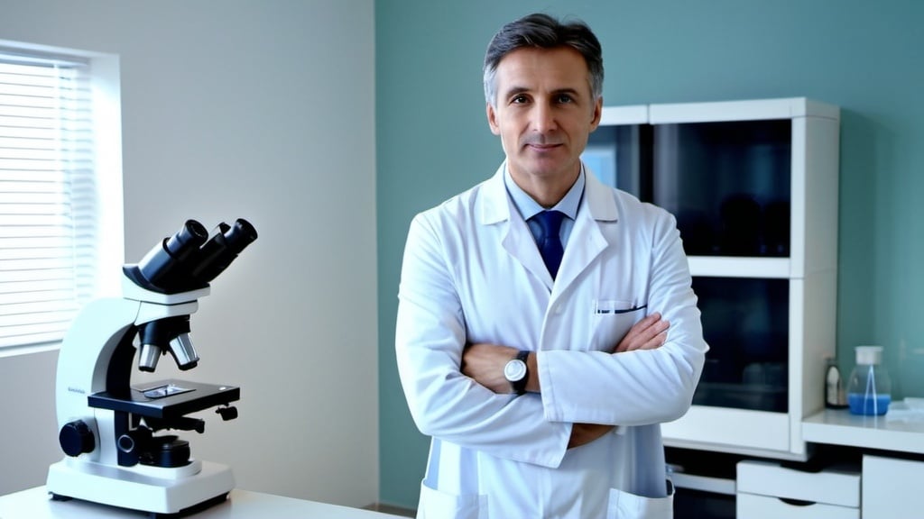 Prompt: male,doctor,middle age,perfect brown eyes,full body picture,standing in lablatory near microscope,white envoriment,4k