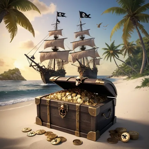 Prompt: Create a detailed book cover. The cover should feature a classic pirate ship with billowing sails, anchored near a mysterious island with dense jungle foliage and a sandy beach. In the foreground, a treasure chest overflowing with gold coins, jewels, and old maps should be partially buried in the sand. A pirate with a tricorn hat and a parrot on his shoulder stands near the chest, looking towards the island. In the background, a sunset casts a warm glow over the scene, and a skull and crossbones flag flutters in the breeze. The overall style should be adventurous and evoke a sense of mystery and excitement.