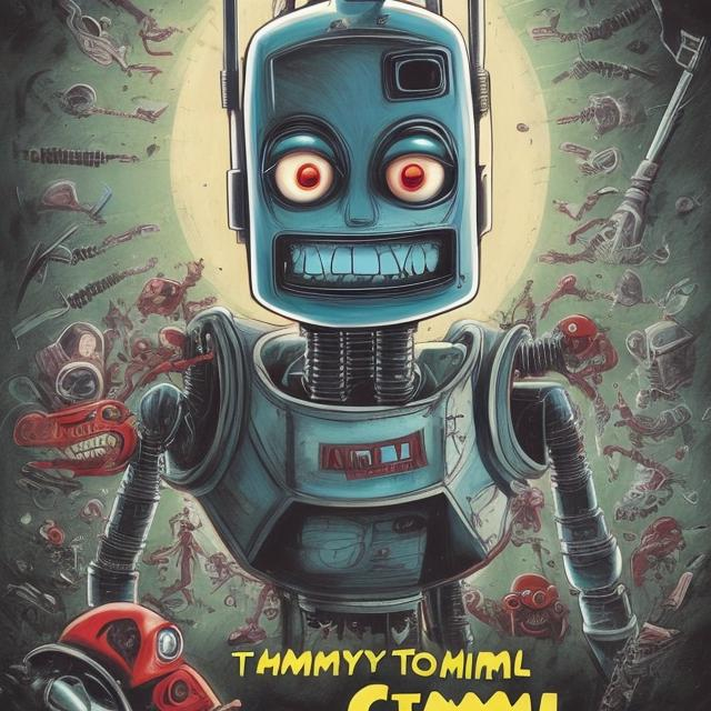 Prompt: A movie poster for this plot;

THE ROBOT
called Tommy.
A cang time ago there was an angry robol that took
its drills and went to school on a bus where thee where childen drawing cards wih pencils and in the eno it Killed oney two thildren and a teacher