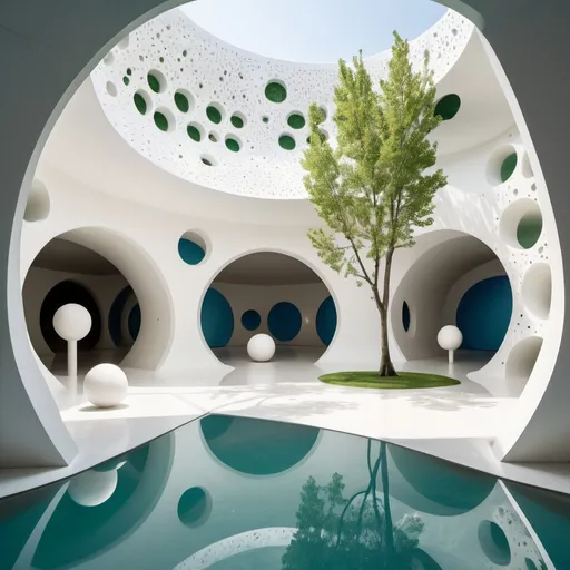 Prompt: Abstract clean white museum space. Interior is made up of hollow spheres. All walls curve upwards into ceilings. The space is populated with humanshaped white shapes on pedestal. 
Trees with green leaves peek through the holes. blue water is visible through holes in the floor