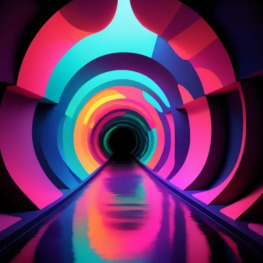 Prompt: Abstract illustration colorful shapes, neon realism style, layered, soft rounded forms, subtle gradients, bold patterns

In that style, make an underground deep dark tunnel.

All the walls should be uneven, not round.
All the walls should be black. They get their definition from spots of texture that are colored
