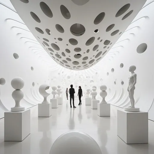 Prompt: Abstract clean white museum space. Interior is made up of hollow spheres. All walls curve upwards into ceilings.

The space is populated with pedestals. Some pedestals are empty. On other pedestals androgynous human figures stand. The human shaped figures transparant like glass or smoke. Inside the human figures abstract colorful lines and shapes flow through the entire bodies.