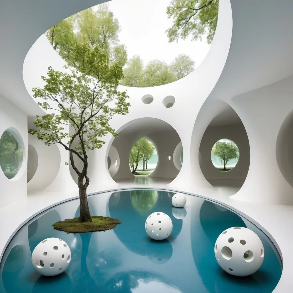 Prompt: Abstract clean white museum space. Interior is made up of hollow spheres. All walls curve upwards into ceilings. The space is populated with humanshaped white shapes on pedestal. 
Trees with green leaves peek through the holes. blue water is visible through holes in the floor