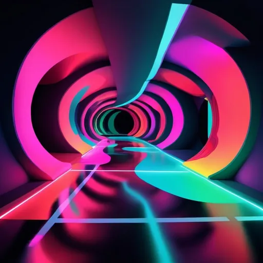 Prompt: Abstract illustration colorful shapes, neon realism style, layered, soft rounded forms, subtle gradients, bold patterns

In that style, make an underground deep dark tunnel.

All the walls should be uneven, not round.
All the walls should be black. They get their definition from spots of texture that are colored
