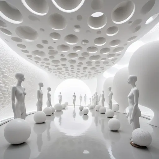 Prompt: abstract clean white museum space. Interior is made up of hollow spheres. All walls curve upwards into ceilings.

The space is filled with mannequins on pedestals

A river of water cuts through the ceiling and floor