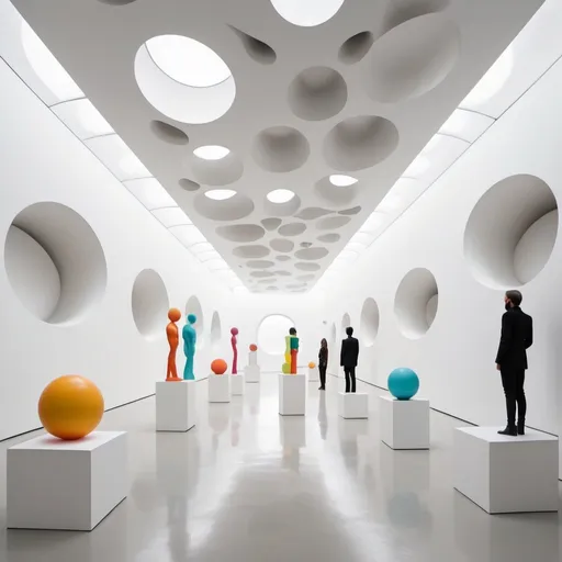 Prompt: Abstract clean white museum space. Interior is made up of hollow spheres. All walls curve upwards into ceilings.

The space is populated with pedestals. Some pedestals are empty. On other pedestals androgynous human figures stand. These figures are composed of colorful abstract shapes lines and colors.

