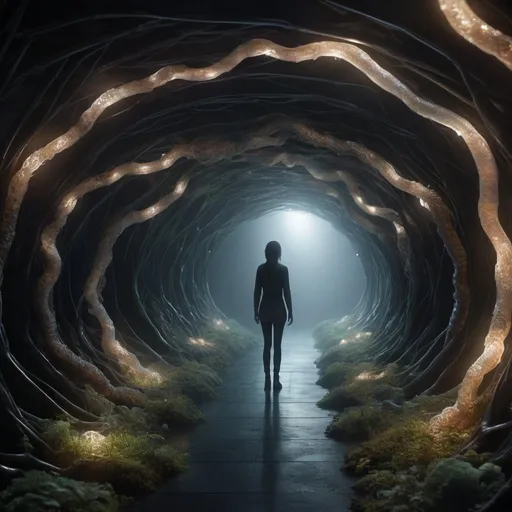 Prompt: Hyperrealistic tunnel with is build out of intertwining, flowing mycelia networks. individual strand of fungus are translucent. CG art hyper realistic. Scene is dark and moody, and only partly lit by a thin human figure that emits lights unto the flowing, organically formed tunnel walls