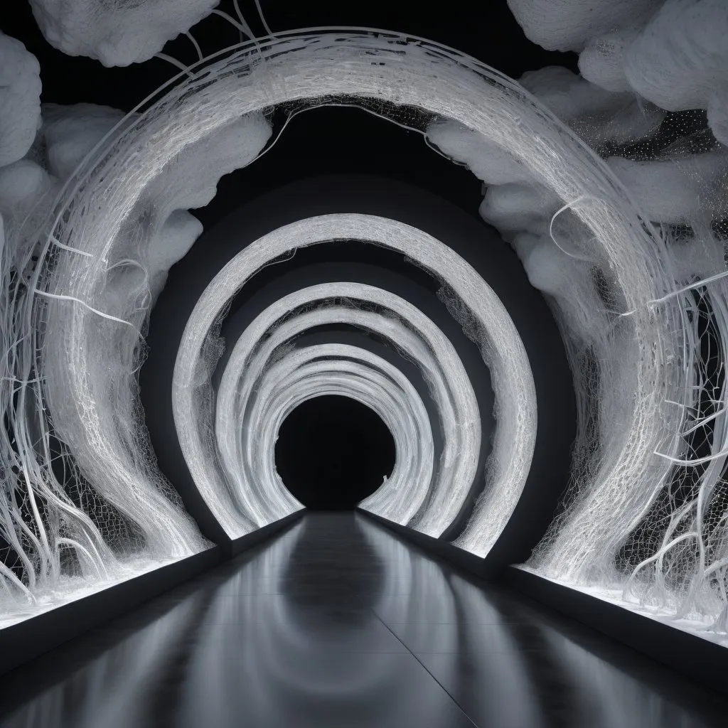 Prompt: Hyperrealistic tunnel with is build out of intertwining, flowing mycelia networks. 
Millions of interloping lines and strands of white, wet translucent fungal strands. Both walls and floors are made of this. The fungal networked lines form patterns in their undulation, like heightlines on a map. CG art hyper realistic. Scene is dark and moody, and only partly lit by a thin human figure that emits lights unto the flowing, organically formed tunnel walls
