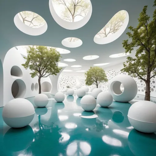 Prompt: Abstract clean white museum space. Interior is made up of hollow spheres. All walls curve upwards into ceilings. The space is populated with humanshaped white shapes on pedestal. 
Trees with green leaves peek through the holes. blue water is visible through holes in the floor