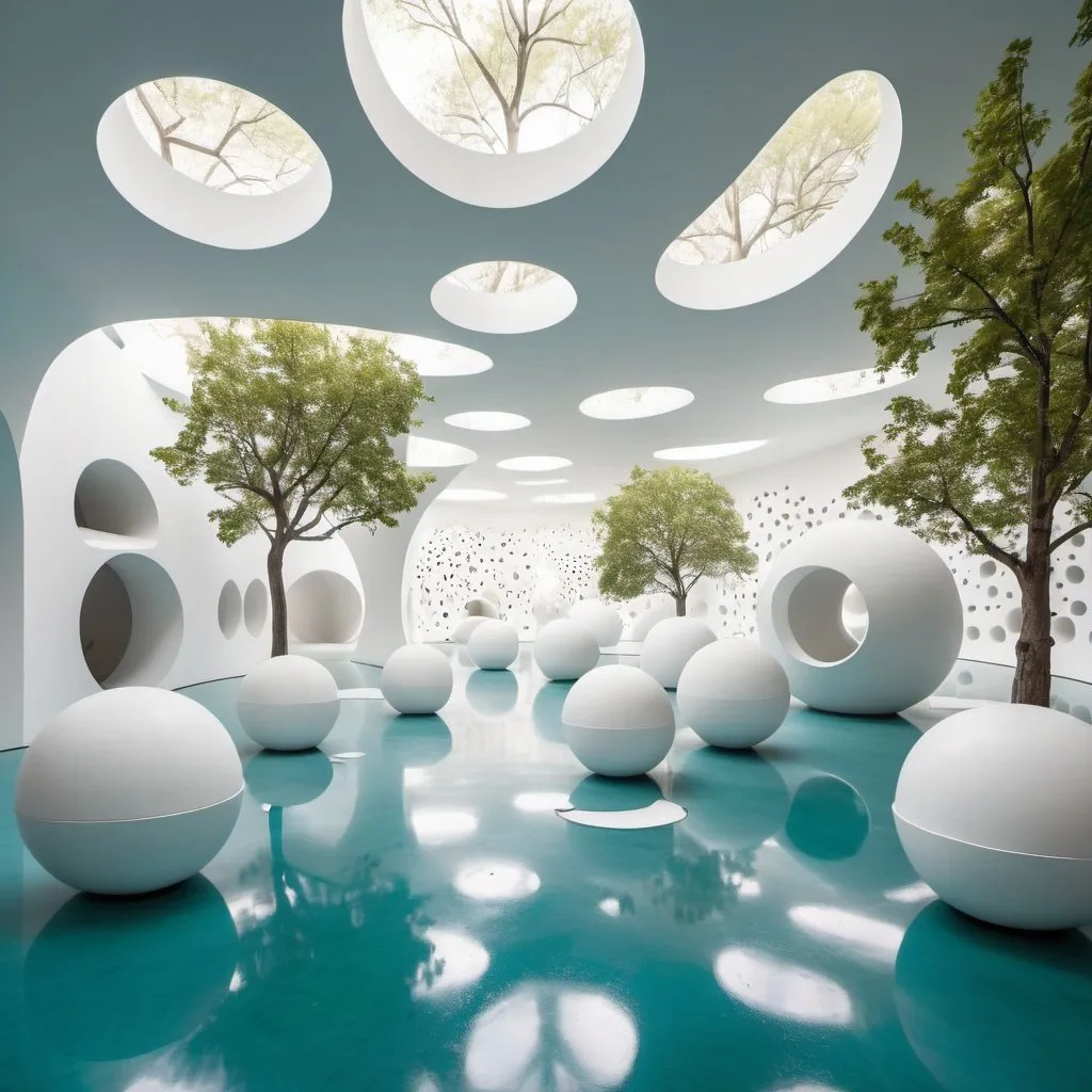 Prompt: Abstract clean white museum space. Interior is made up of hollow spheres. All walls curve upwards into ceilings. The space is populated with humanshaped white shapes on pedestal. 
Trees with green leaves peek through the holes. blue water is visible through holes in the floor