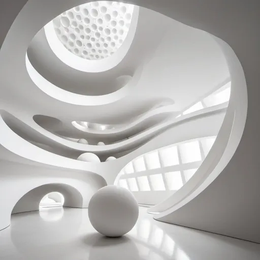 Prompt: abstract clean white museum space. Interior is made up of hollow spheres. All walls curve upwards into ceilings
