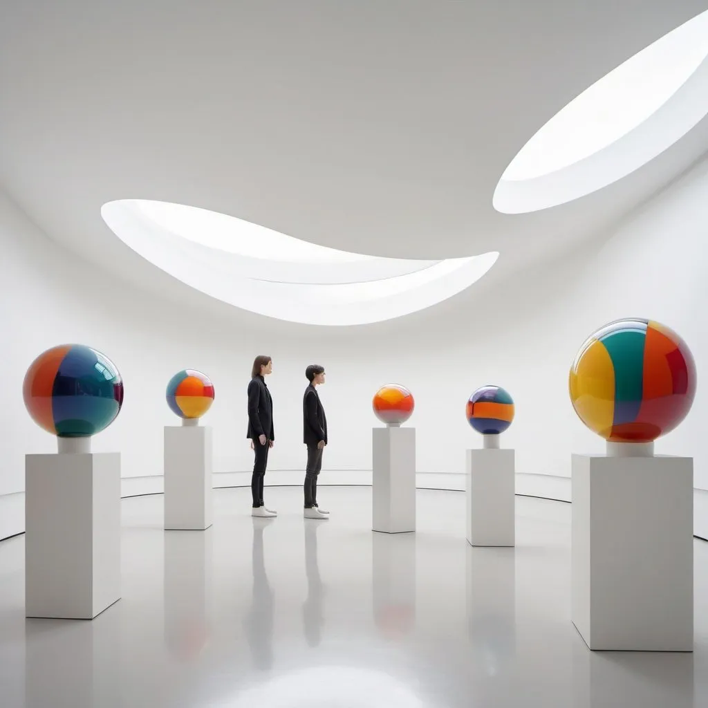 Prompt: Abstract clean white museum space. Interior is made up of hollow spheres. All walls curve upwards into ceilings.

The space is populated with pedestals. Some pedestals are empty. On other pedestals androgynous human figures stand. These figures are composed of colorful abstract shapes lines and colors.

