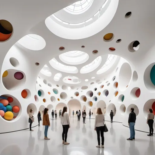 Prompt: Abstract clean white museum space. Interior is made up of hollow spheres. All walls curve upwards into ceilings.

The space is populated with human figures that are composed of colorful abstract shapes lines and colors.

